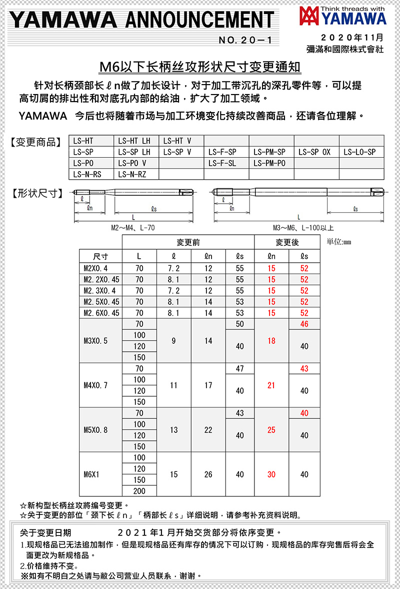 M6以下長柄絲攻形狀尺寸變更通知